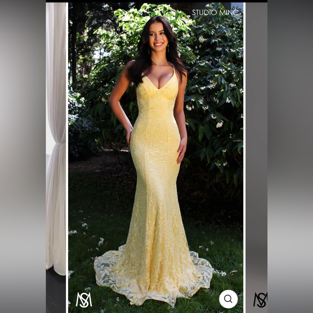 New Jasmine Elegant Yellow Lace Evening Gown from Studio Minc
